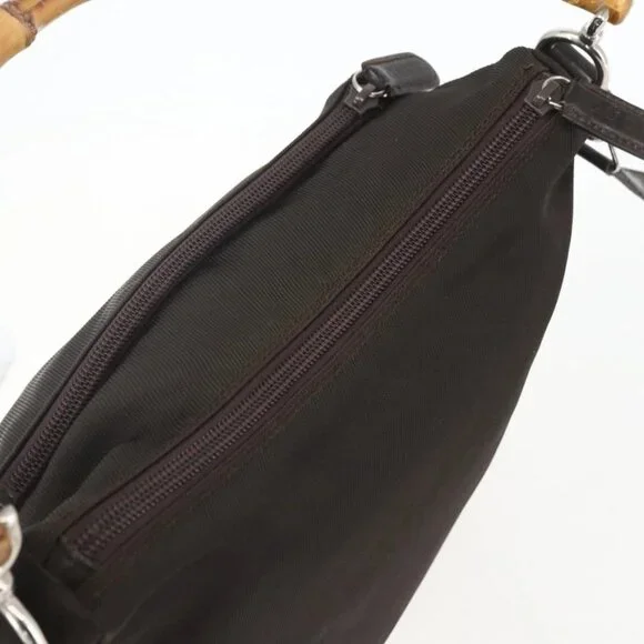 GUCCI Bamboo Shoulder Bag Nylon 2way Brown Silver Auth 151470